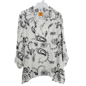 Ruby Rd Embroidered Tunic Top Ivory Black Dramatic Lapel Collared Relaxed Fit PS